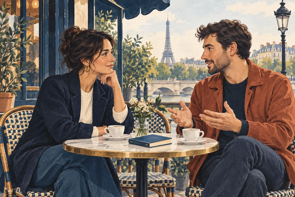 Deux adultes échangent autour d’un café à Paris, illustration